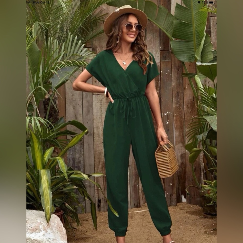 SHEIN LUNE Solid Surplice Front Knot Jumpsuit